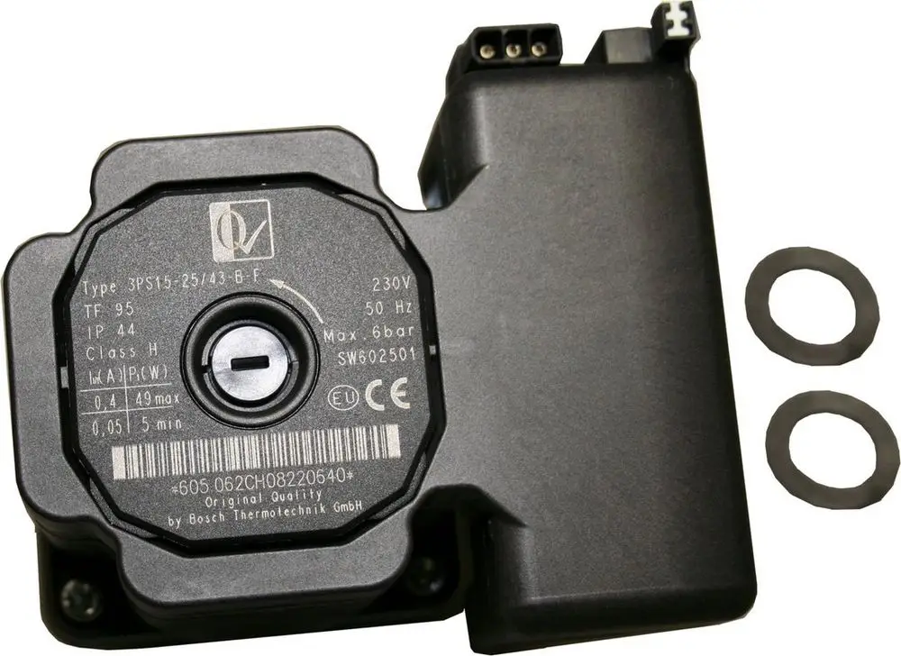 Bosch Wasserpumpe mit Anschlusskabel und zwei Gummidichtungen, Typ 3PS15-25/43-B-F, 230V, 50Hz, max. Druck 6 bar, IP44, auf schwarzem Hintergrund.